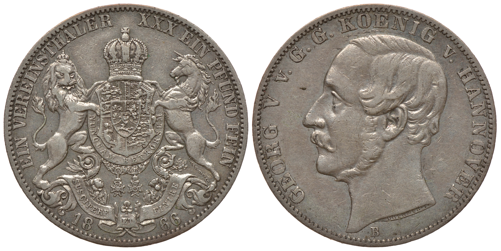 Брауншвейг-Каленберг-Ганновер 1 талер 1866 В, Георг V (1851-1866) КМ 230, AKS 144, Dav. 682, Kahnt 239, Thun 174 серебро 00-1067-10-11