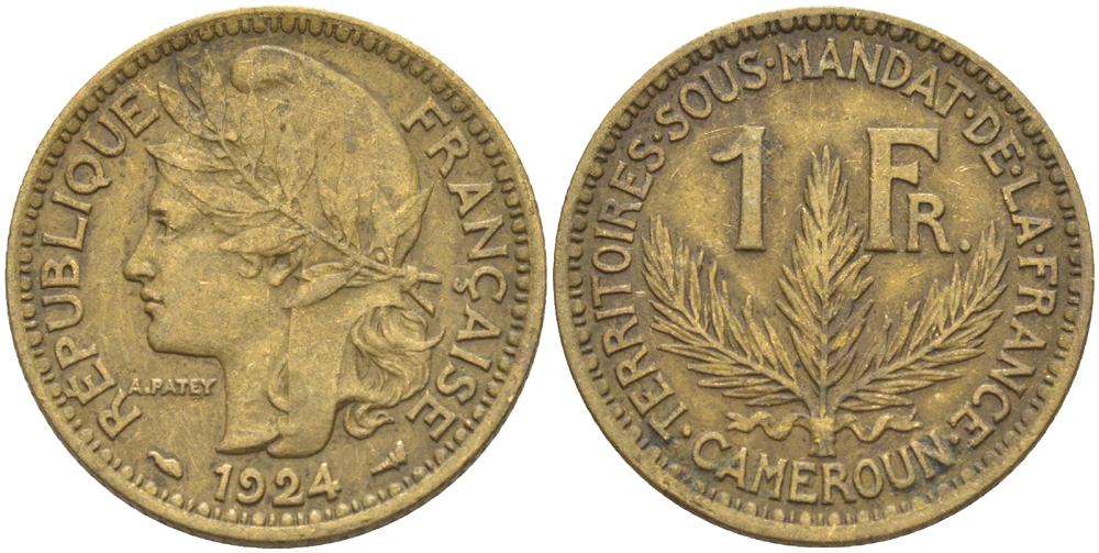Французский Камерун 1 франк 1924 (а), монетный двор Париж KM 2 алюминиевая бронза 29-212