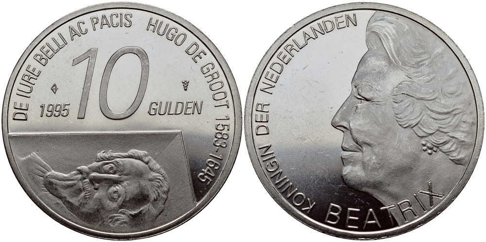 Нидерланды 10 гульденов 1995 300 лет со дня смерти Хьюго Грута, королева Беатрикс KM 220 серебро 1524-932