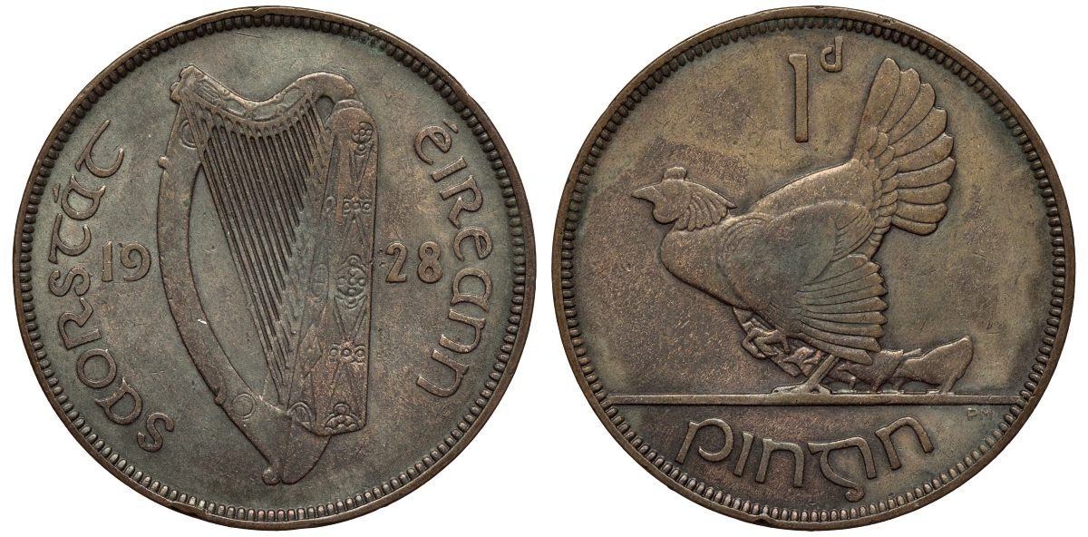 Ирландия 1 пенни 1928 курица с цыплятами KM 3 бронза 38-533