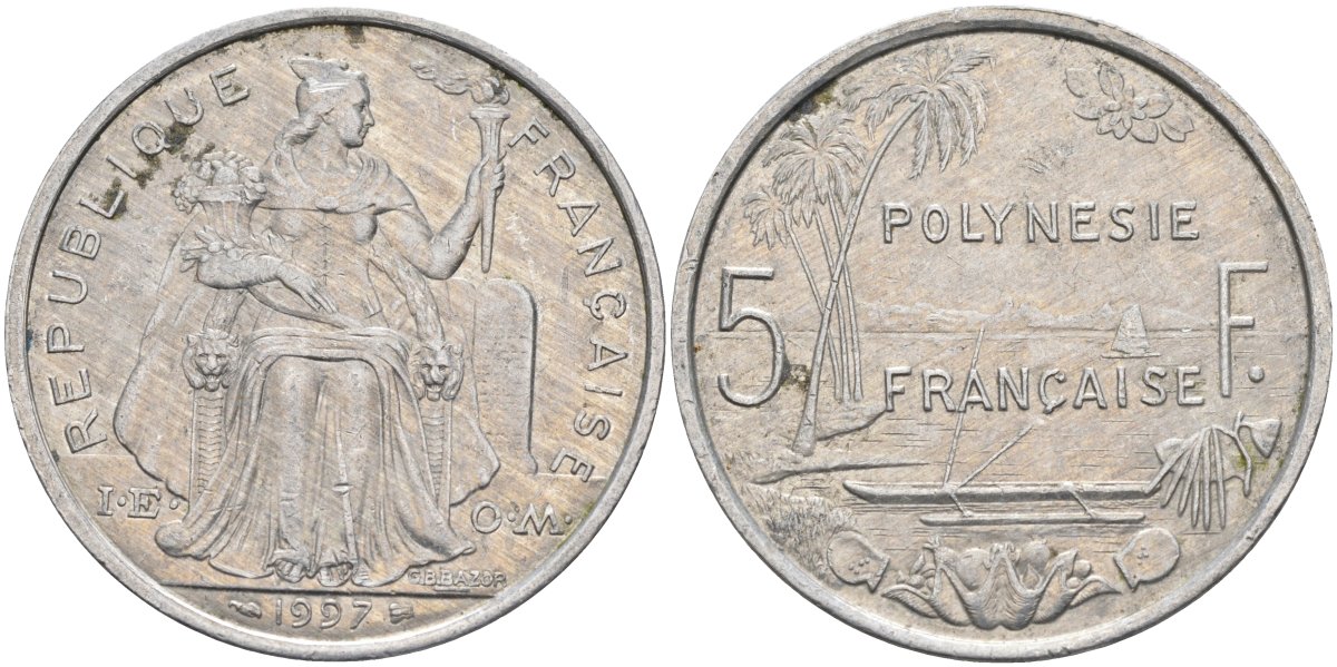 Французская Полинезия 5 франков 1997 KM 12 алюминий 4131-936