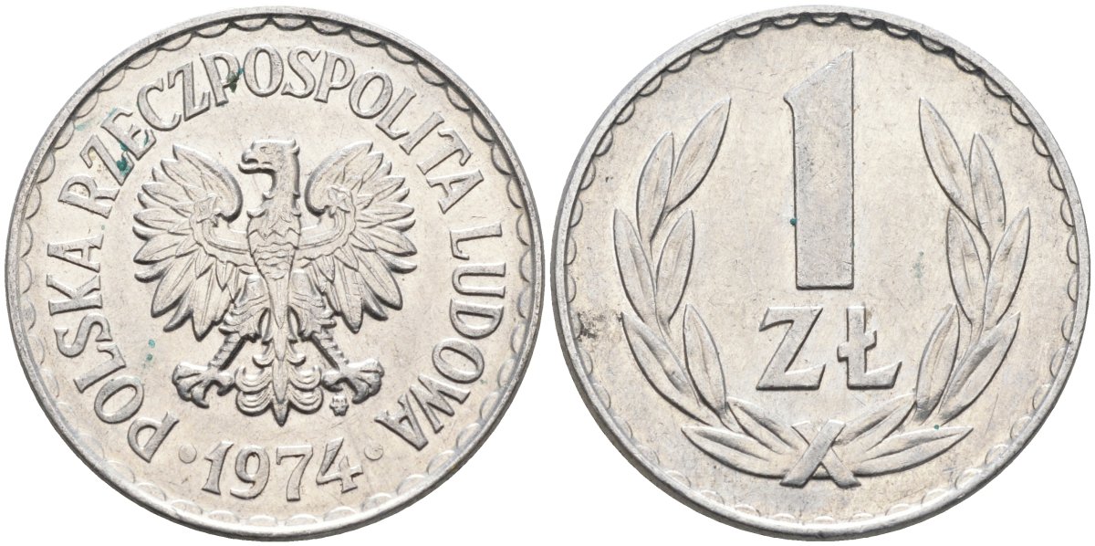 Польша 1 злотый 1974 MW, Народная Республика KM 49.1, Parchimowicz 213k алюминий 3856-815