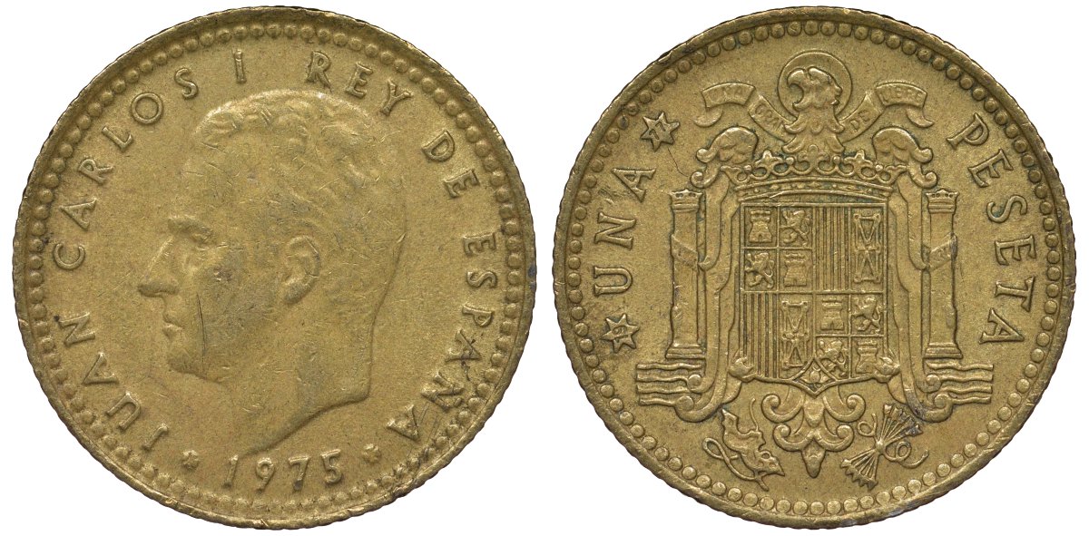 Испания 1 песета 1975 (77) Хуан Карлос I (1975-2001) KM 806 алюминиевая бронза 4128-1054