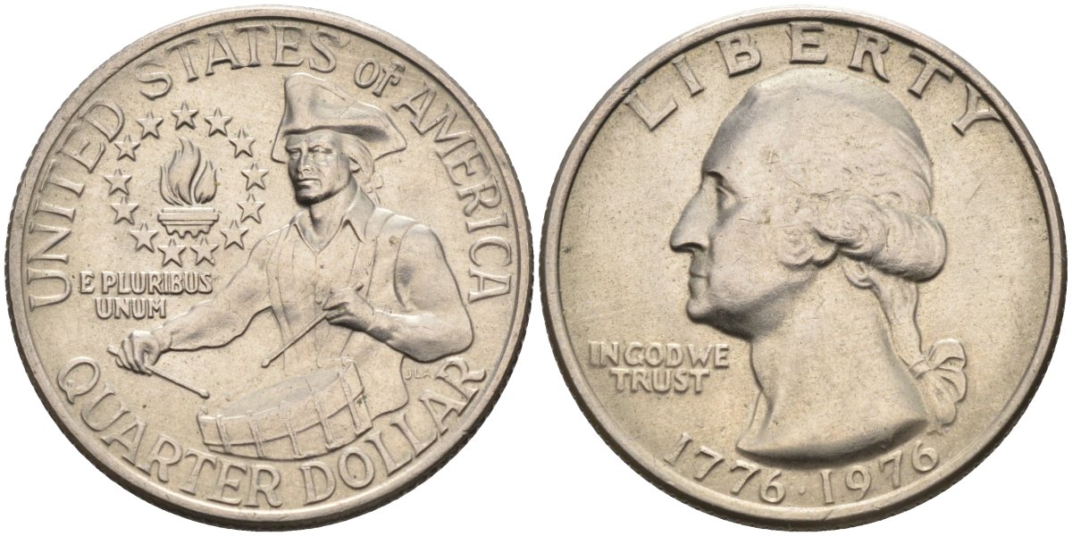 США 25 центов = квотер 1976 200 лет независимости (1776-1976), Вашингтон, барабанщик KM 204 медь плакированная медно-никель 4586-621