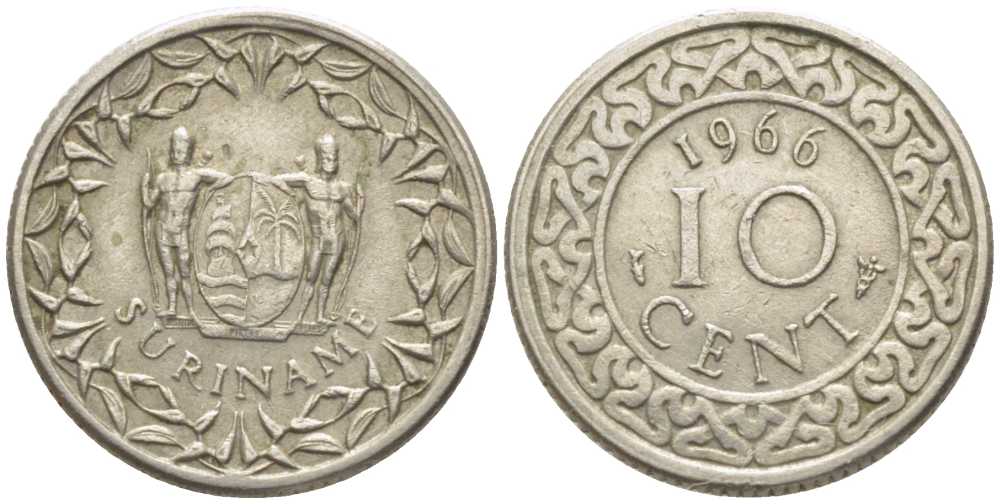 Суринам 10 центов 1966 KM 13 медно-никель 112-521