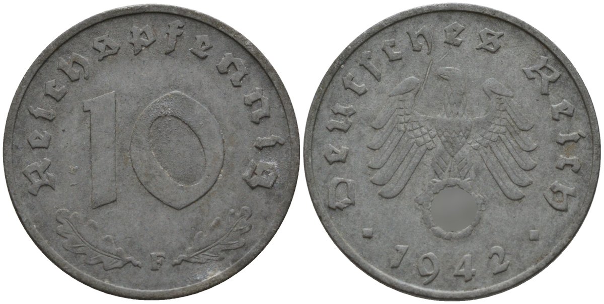 Германия 10 рейхспфеннигов 1942 F KM 101, J.371 цинк 4151-212