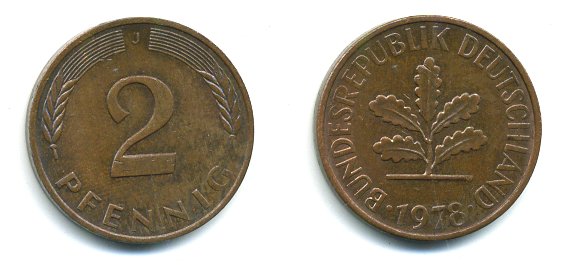 ФРГ 2 пфеннига 1978 J KM 106a, J.381a сталь плакированная медью 3999-1148