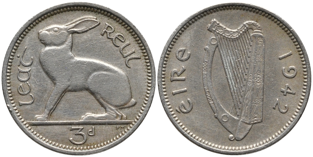 Ирландия 3 пенса 1942 заяц KM 12а медно-никель 4387-1029
