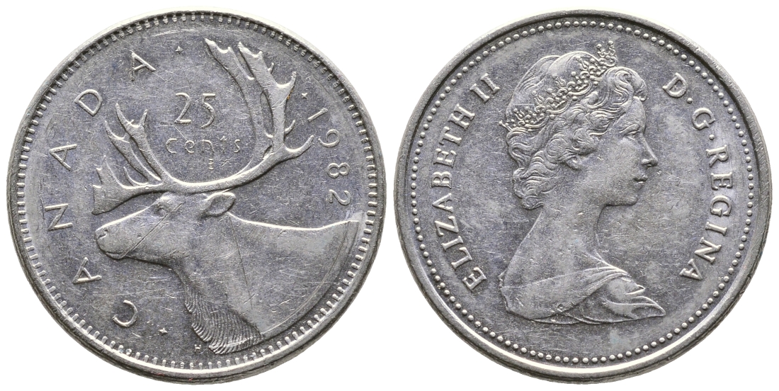 Канада 25 центов 1982 Елизавета II (1952-2022), олень карибу, второй портрет в короне KM 74 никель 4364-2042