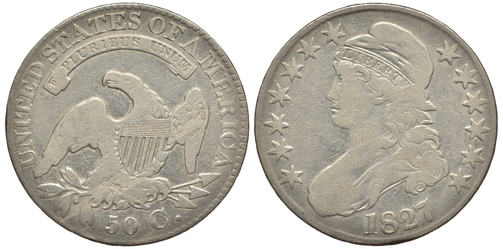 США 1/2 доллара (50 центов) 1827 свобода, орел, закрученная двойка серебро 3896-1313