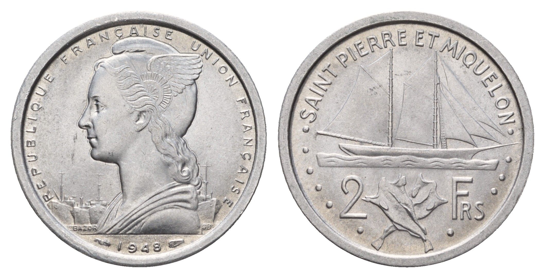 Сен-Пьер и Микелон 2 франка 1948 год-тип KM 2 алюминий UNC 650-1944