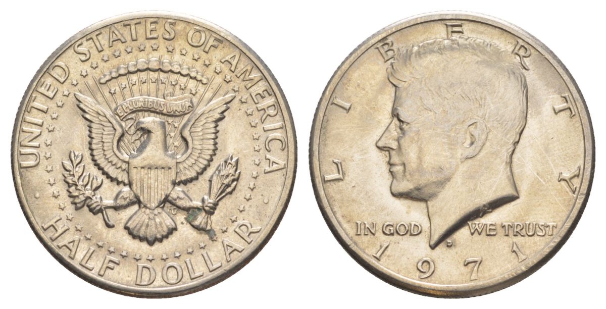 США 1/2 доллара (50 центов) 1971 D, Джон Кеннеди KM 202b медь плакированная медно-никелем aUNC 180-236