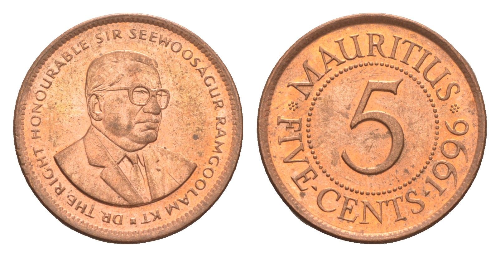 Маврикий 5 центов 1996 KM 52 сталь плакированная медью UNC 4649-612