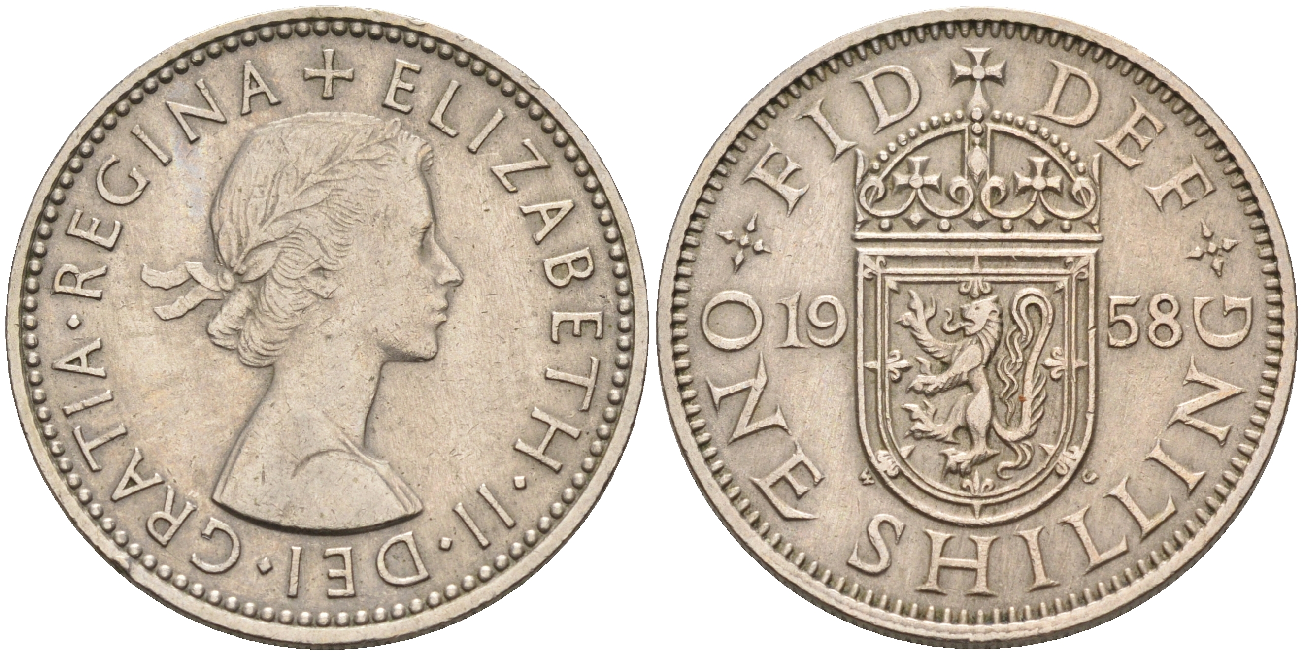 Великобритания 1 шиллинг 1958 Елизавета II (1952-2022), Шотландский герб KM 905, Spink 4148 медно-никель    4150-527