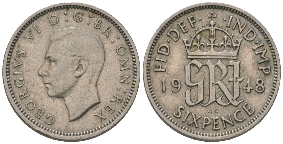 Великобритания 6 пенсов 1948 Георг VI (1936-1952) KM 862, Spink 4105 медно-никель 187-1229