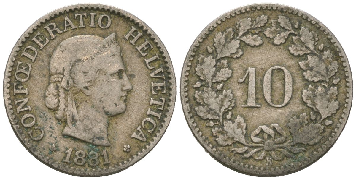 Швейцария 10 раппенов 1881 B KM 27 медно-никель 4615-525