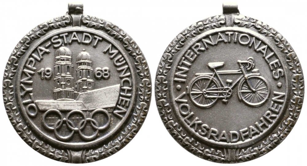 ГЕРМАНИЯ МЕДАЛЬ 1968 ОЛИМПИЙСКИЙ ГОРОД МЮНХЕН, ВЕЛОСИПЕД НАРОДНЫЙ ТРАНСПОРТ, С УШКОМ, ДИАМЕТР 31,5 мм. 1079-2-61
