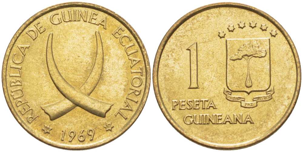 Экваториальная Гвинея 1 песета 1969 республика, диаметр 19,5 мм. KM 1 алюминиевая бронза UNC 4398-617