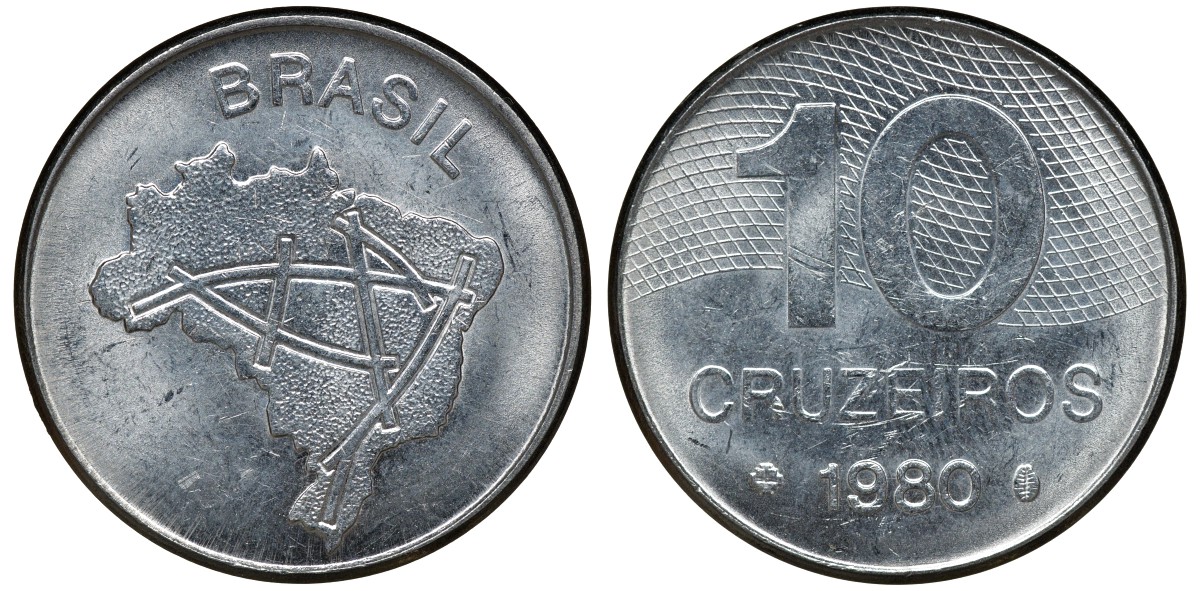 БРАЗИЛИЯ 10 КРУЗЕЙРО 1980 KM 593.1 сталь aUNC 72-1434