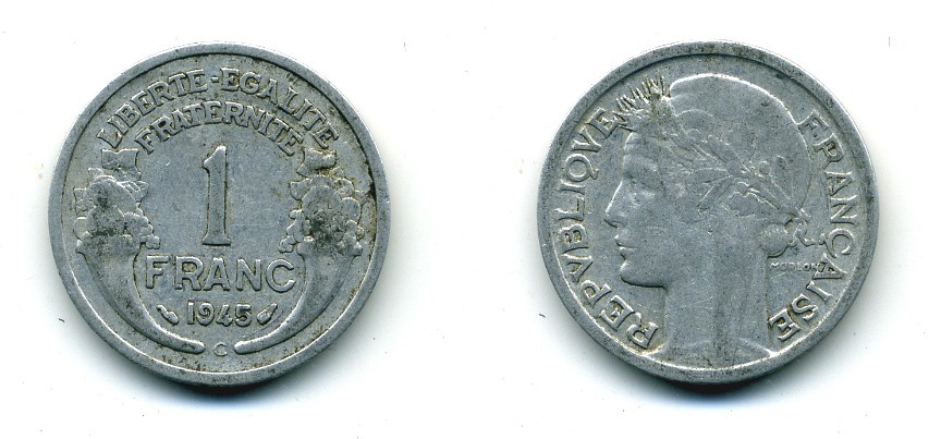 ФРАНЦИЯ 1 ФРАНК 1945 С KM 885а.3 алюминий 84-453