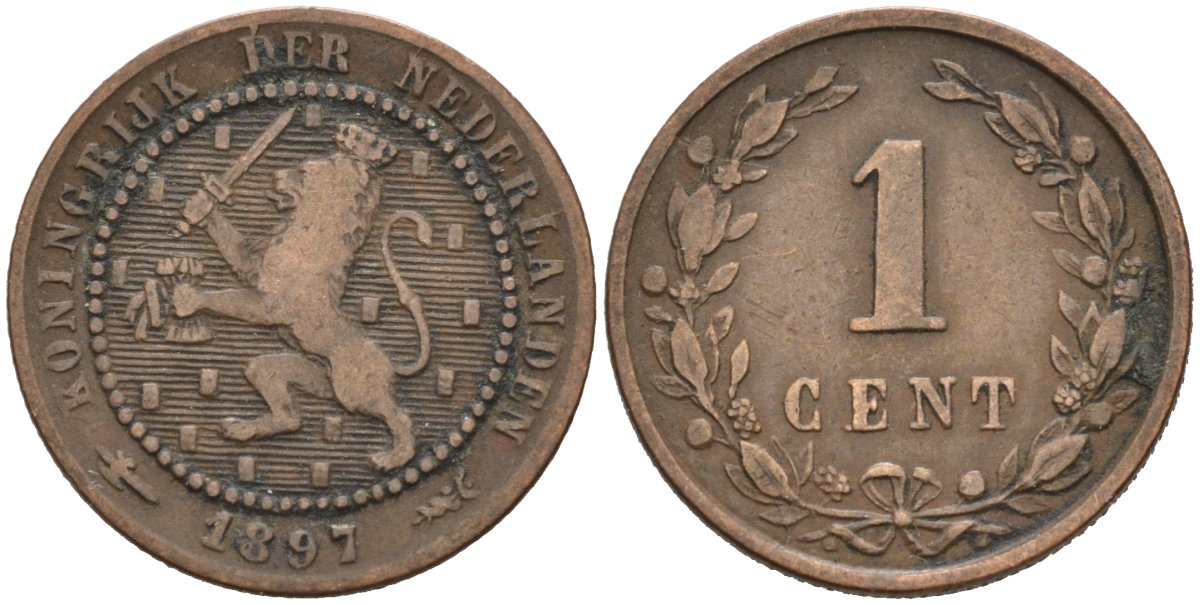 Нидерланды 1 цент 1897 Вильгельмина (1890-1948) KM 107 бронза 4576-624