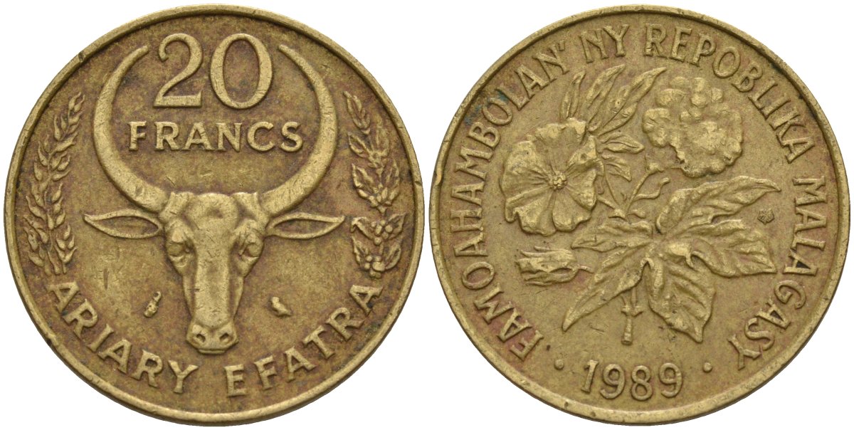 Мадагаскар 20 франков 1989 KM 12 алюминиевая бронза 4141-635