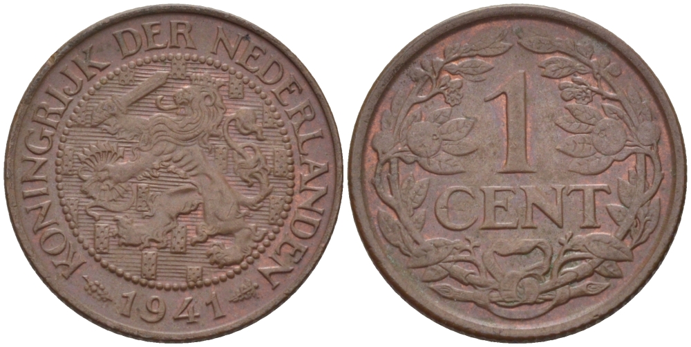 НИДЕРЛАНДЫ 1 ЦЕНТ 1941 ВИЛЬГЕЛЬМИНА (1890-1948) KM 152 бронза 39-115