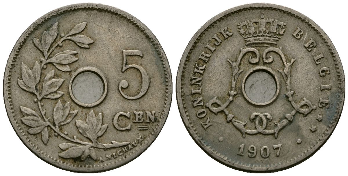 Бельгия 5 сантимов 1907 Belgie KM 55 медно-никель 4173-157