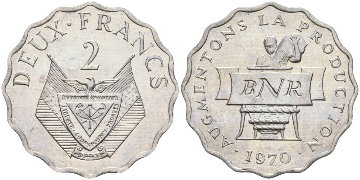 Руанда 2 франка 1970 FAO KM 10 алюминий UNC 4132-452