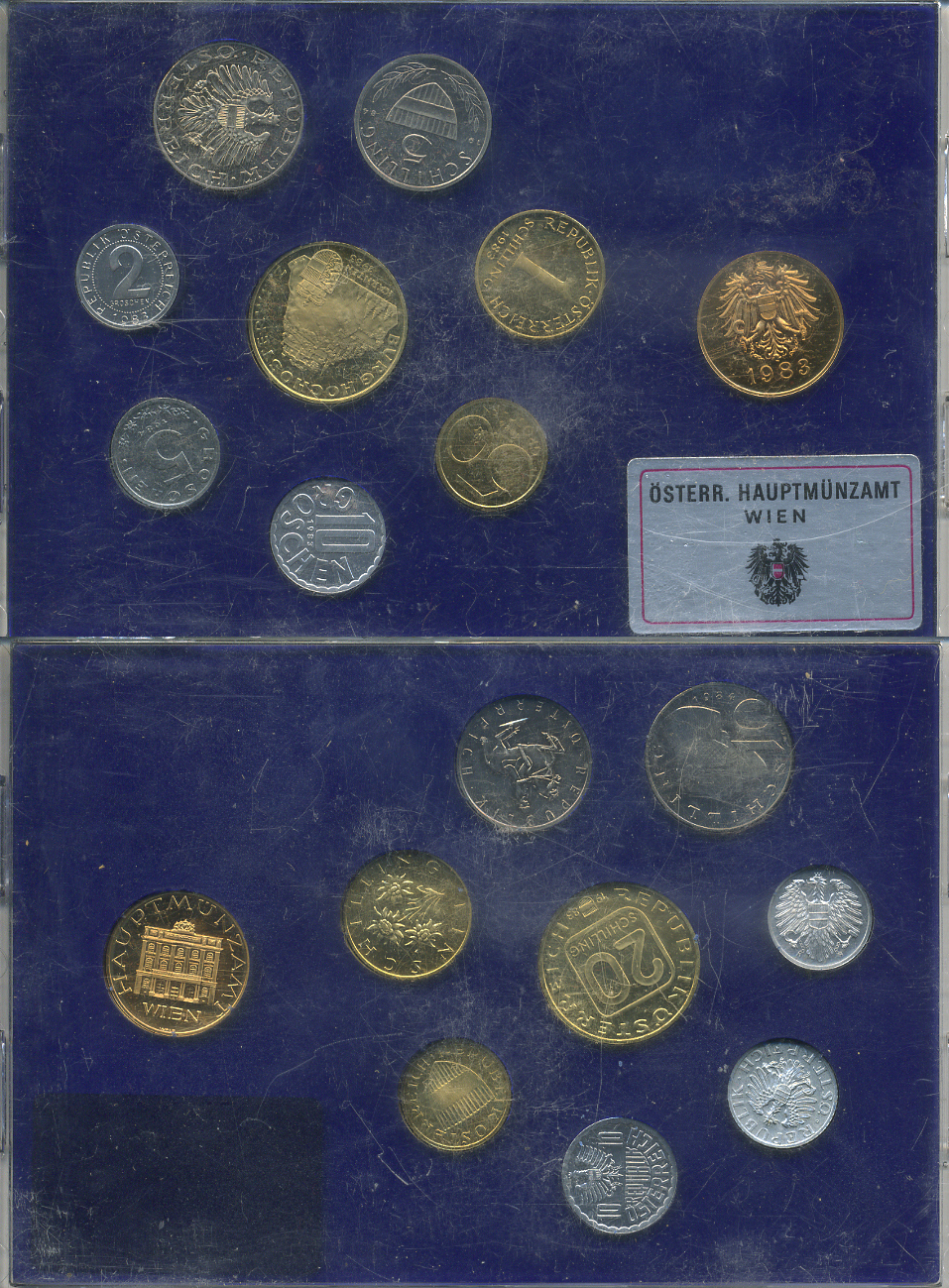 Австрия набор из 8 монет + жетон мондвора 1983 официальный набор, 2, 5, 10, 50 грошей, 1, 5, 10, 20 шиллингов, замок Хохостервиц, в пластике KM PS 40 PROOF 6-6-2-5