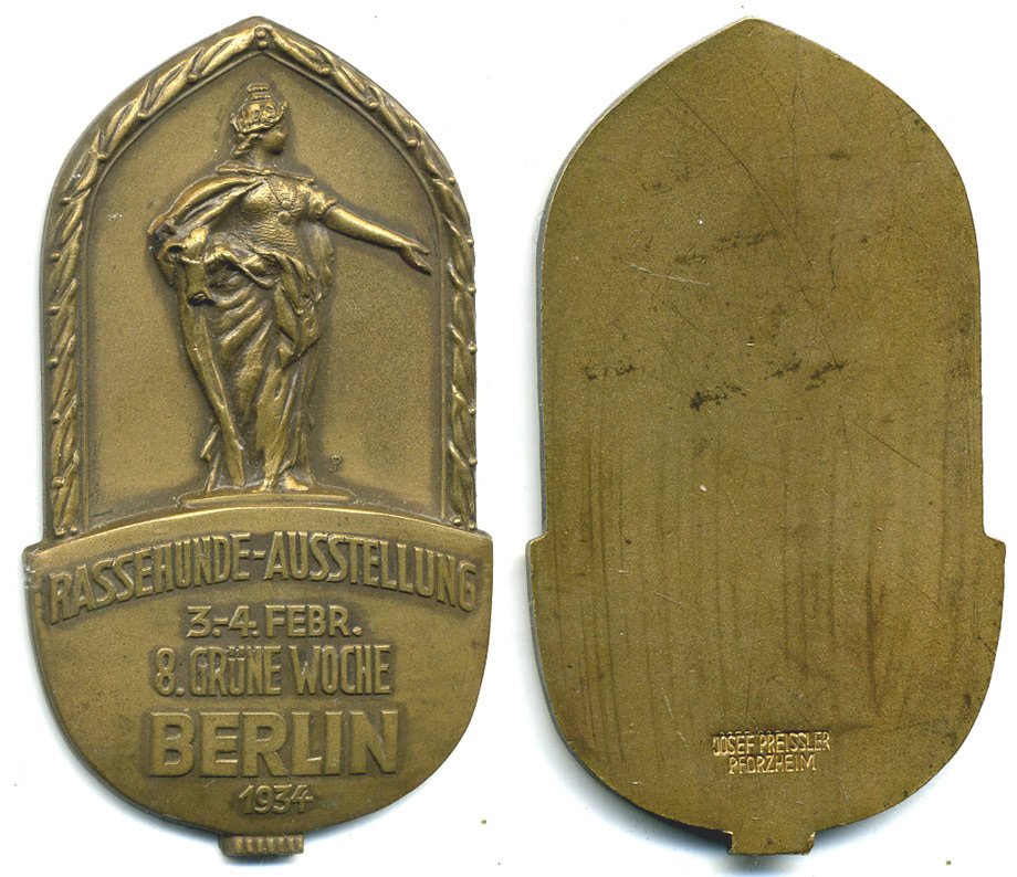 Германия медаль 1934 выставка породистых собак в Берлине, 41*73 мм, 64,5 гр бронза UNC 1079-4-21