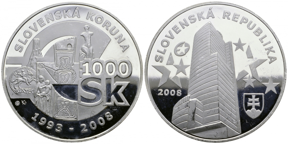 СЛОВАКИЯ 1000 КРОН 2008 15 ЛЕТ СЛОВАЦКОЙ КРОНЕ KM NEW серебро PROOF 01-019-23-1