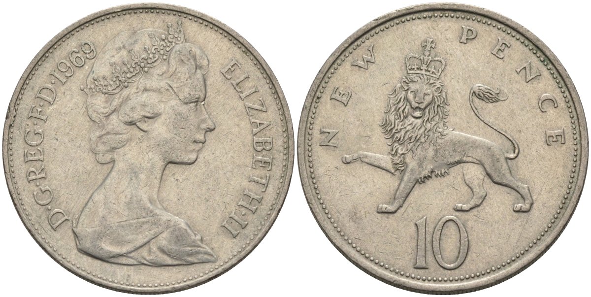 Великобритания 10 пенсов 1969 Елизавета II (1952-2022) KM 912, Spink 4231 (F1) медно-никель 81-1221