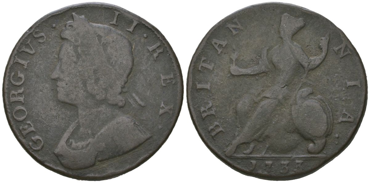 Великобритания 1/2 пенни 1733 Георг II (1727-1760) KM 566, Spink 3717 медь 4590-633