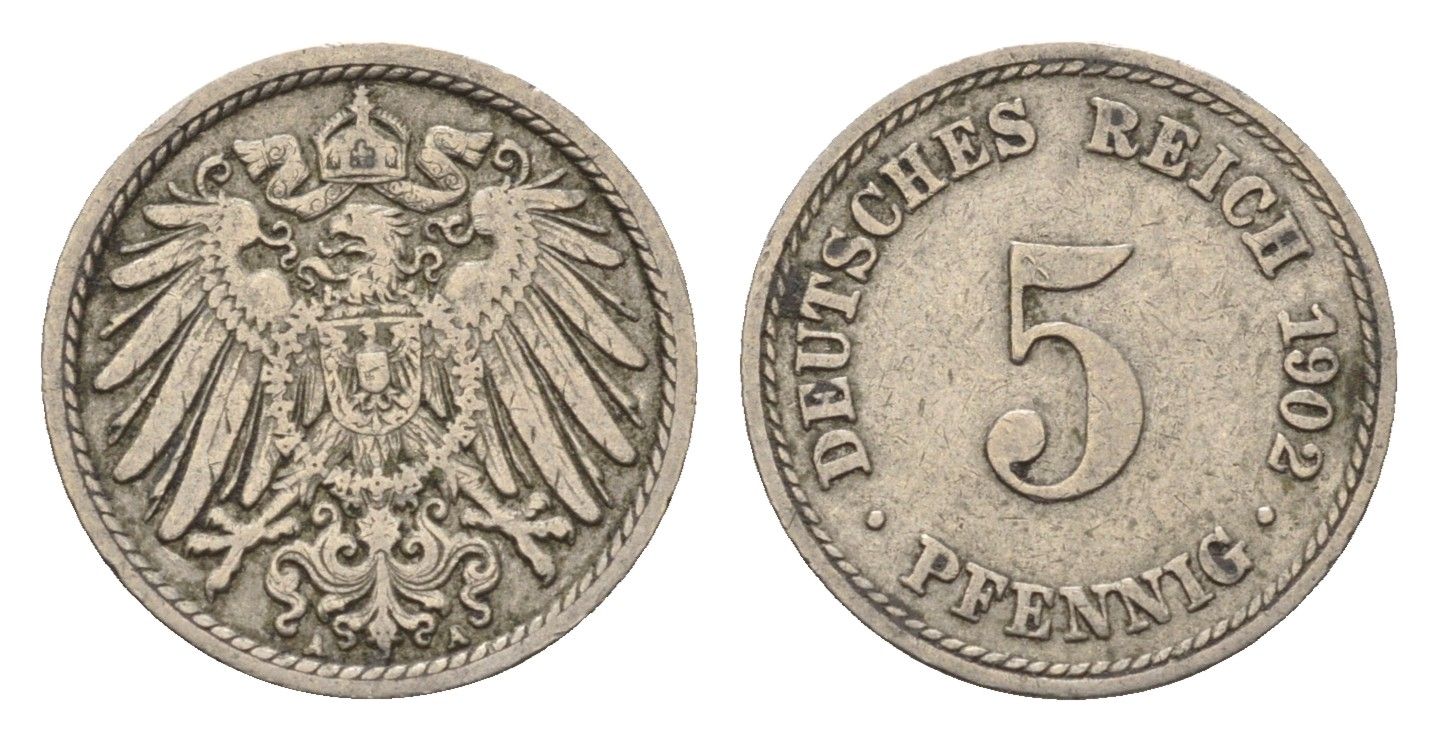 Германия 5 пфеннигов 1902 A, Вильгельм II (1888-1918) KM 11, J. 12 медно-никель 4684-215