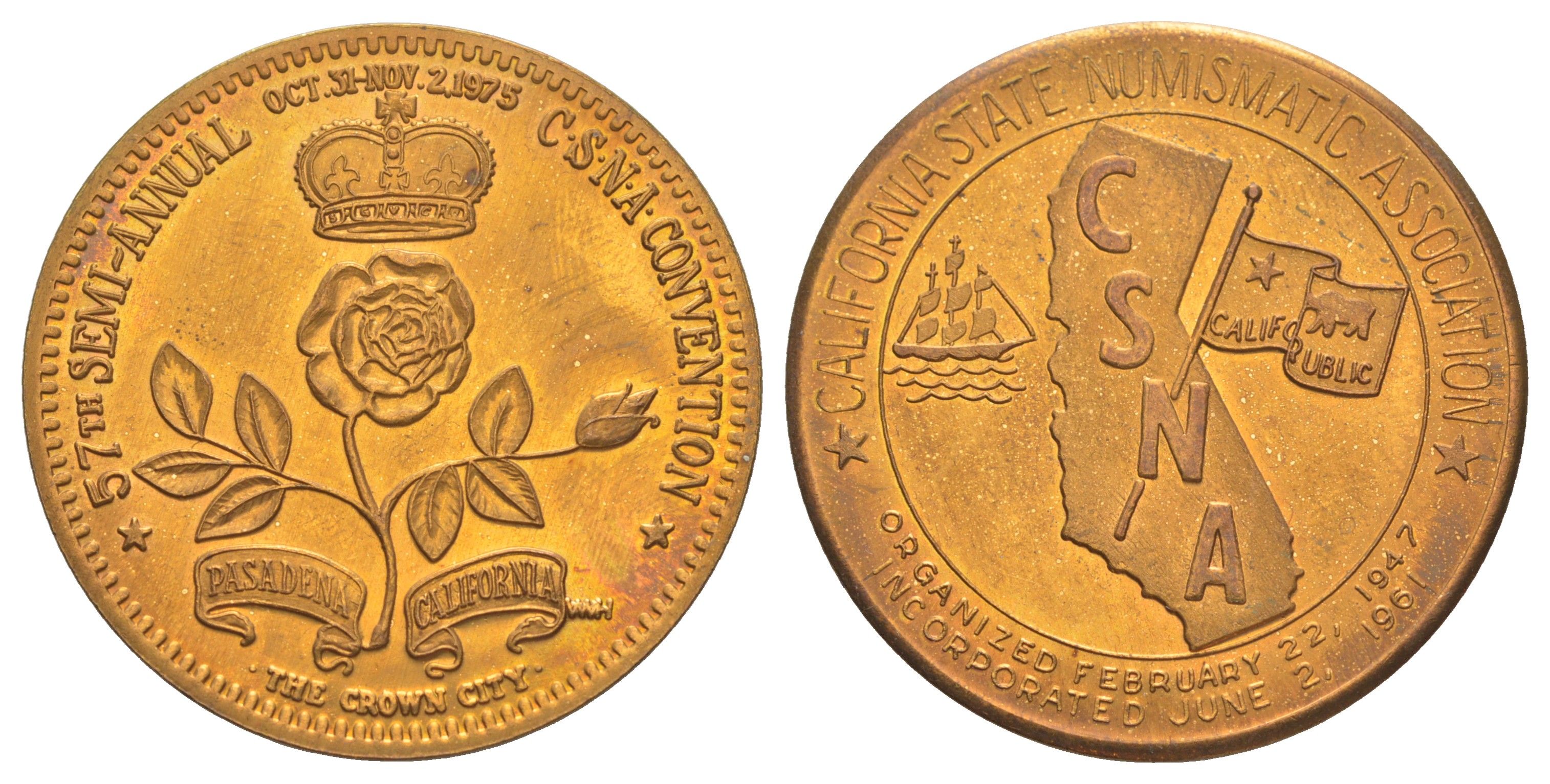 США, Калифорния медаль "Калифорнийская государственная нумизматическая ассоциация, 57-й полугодовой съезд" 1975 диаметр 35 мм, вес 23,1 ГР бронза 1529-444