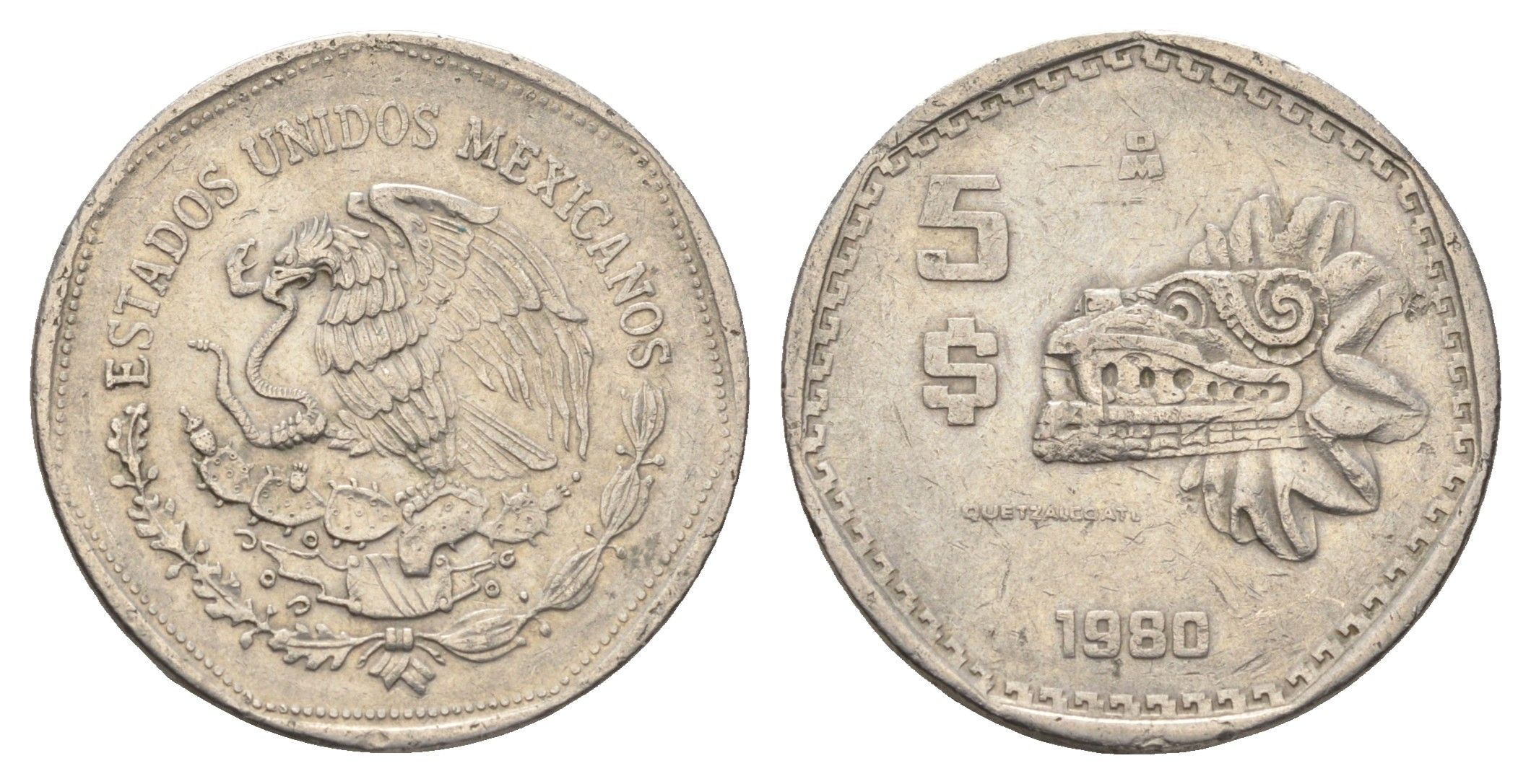 Мексика 5 песо 1980 ацтеская скульптура, пернатый змей Кетцалькоатль KM 485 медно-никель 4663-1026