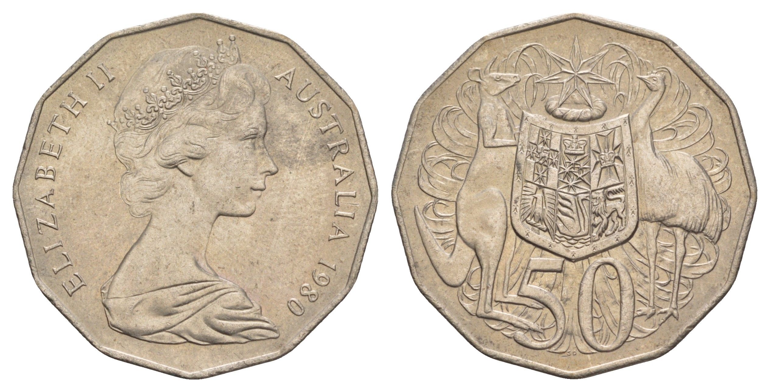 Австралия 50 центов 1980 Елизавета II (1952-2022), герб Австралии, кенгуру KM 68 медно-никель 4653-1131