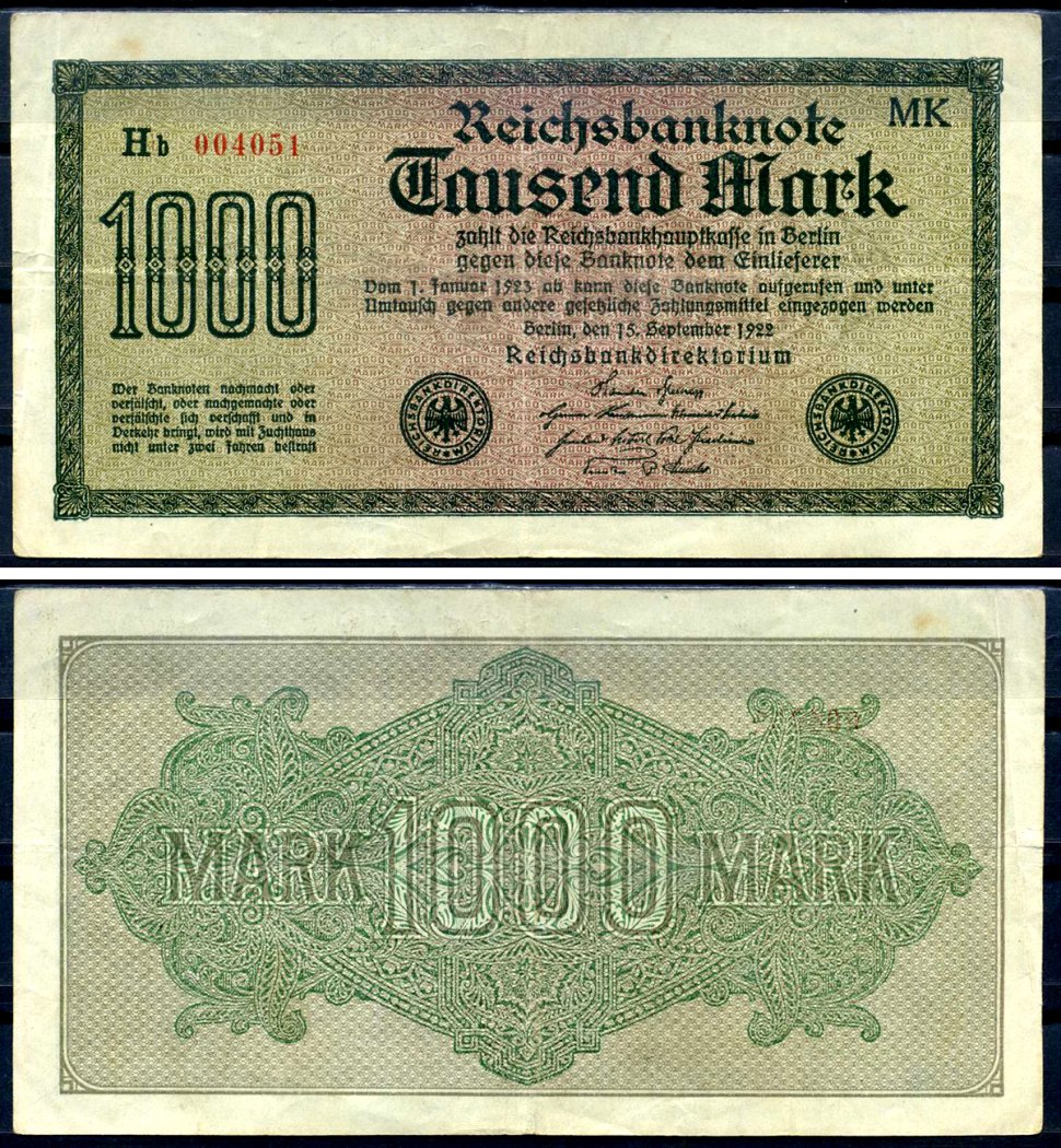 Германия 1000 марок 1922 выпуск 15 сентября 1922, водяной знак J, зеленая бумага, серия MK, буква Hb Pick 76 g (1) бумага 6279-31-2-1