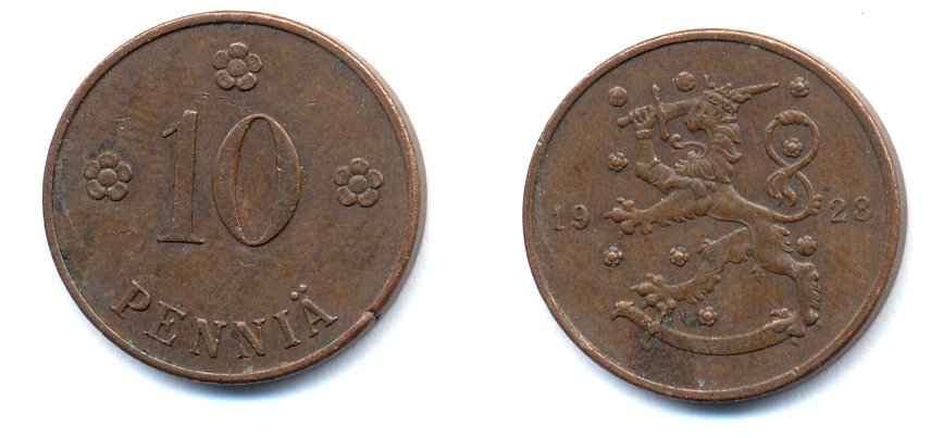 Финляндия 10 пенни 1928 республика (1918-1962) KM 24 медь 46-1621