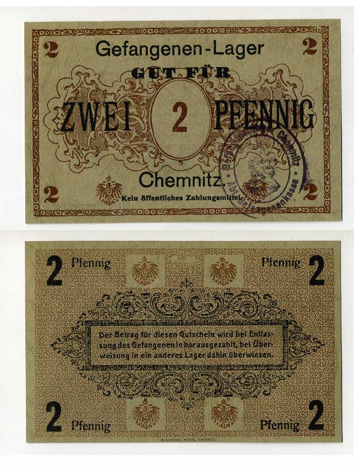 Германия 2 пфеннига ND лагерь военнопленных в Кемнице C-2811 бумага UNC (пресс) 504-79-3-2
