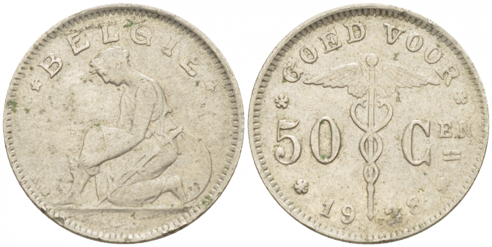 БЕЛЬГИЯ 50 САНТИМОВ 1928 BELGIE KM 88 никель 261-1153