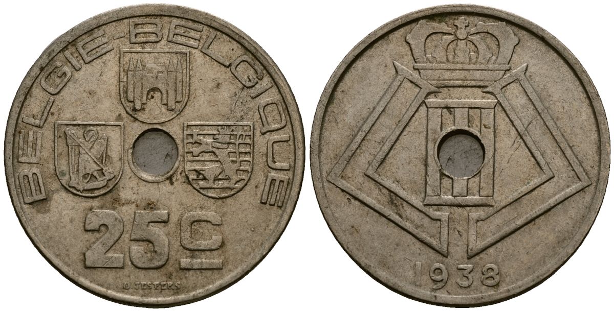 Бельгия 25 сантимов 1938 Belgie - Belgique KM 115 никель латунь 4403-1245