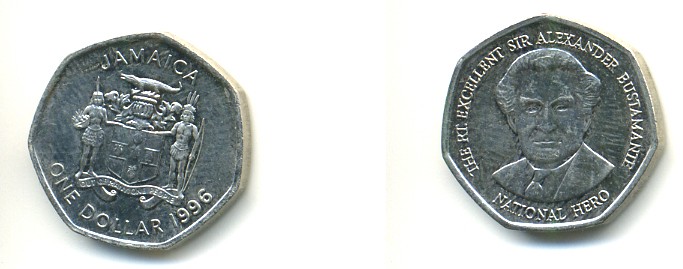 Ямайка 1 доллар 1996 Александр Бустаманте KM 164 никелированная сталь 4364-143