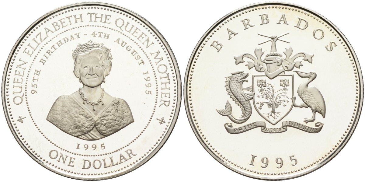 Барбадос 1 доллар 1995 95 лет со дня рождения Королевы-матери KM 65 серебро PROOF 1096-4-23