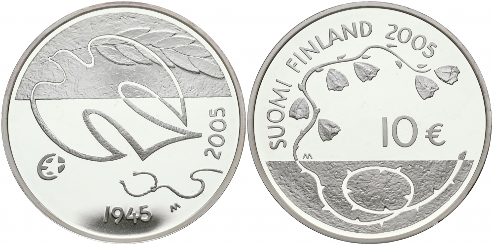 Финляндия 10 евро 2005 60 лет мира в Европе, голубь мира KM 120 серебро PROOF 11-226-14