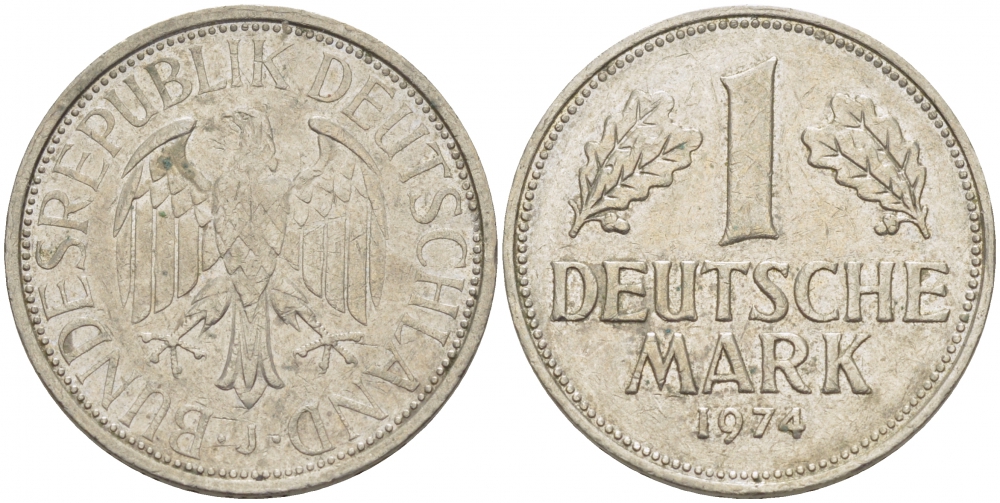 ФРГ 1 МАРКА 1974 J KM 110, J. 385 медно-никель 3718-1143
