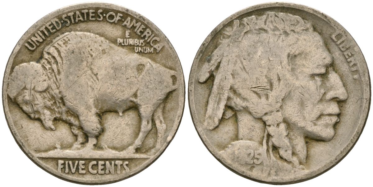 США 5 центов 1925 индеец, бизон KM 134 медно-никель 4135-427