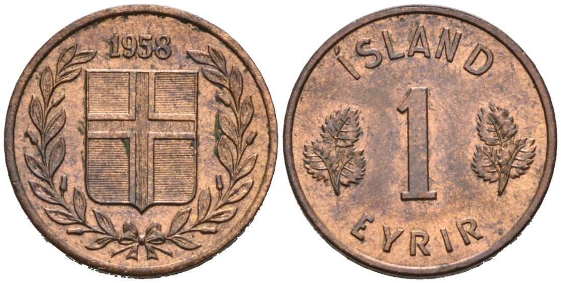 Исландия 1 ЭЙРЕ 1958 KM 8 бронза 4564-622
