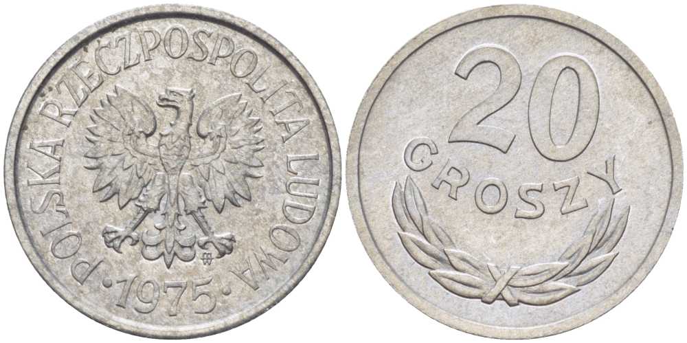 ПОЛЬША 20 ГРОШЕЙ 1975 MW KM А47 алюминий UNC 201-462